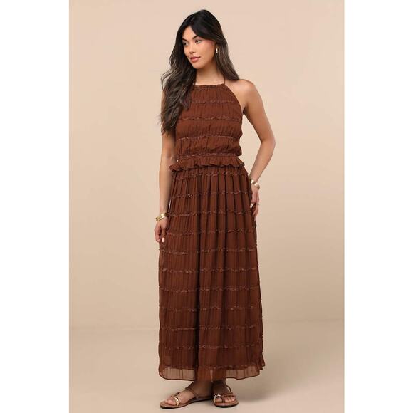 NWT Lulus Madriana Brown Halter Neck Ruffed Midi Dress Bohemian Summer Sz M - Picture 1 of 8